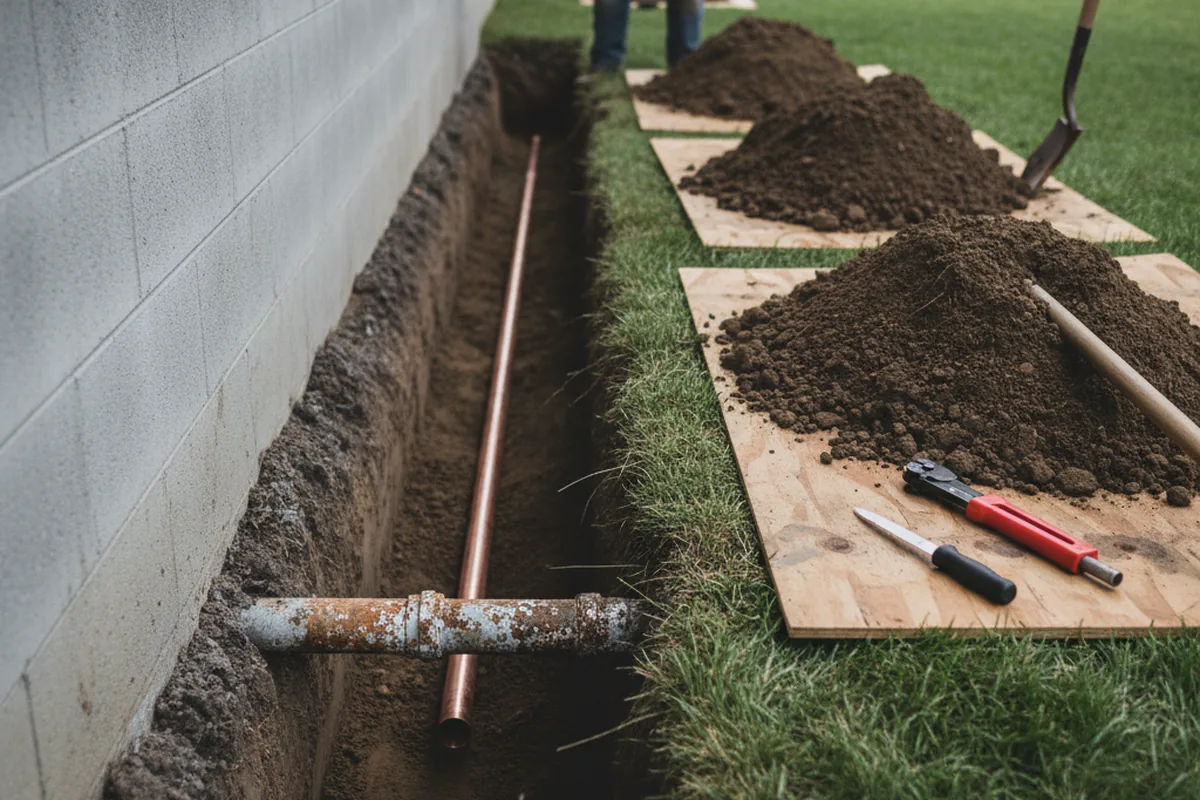 Excavated water line trench during Water Heater Repair in Oxford